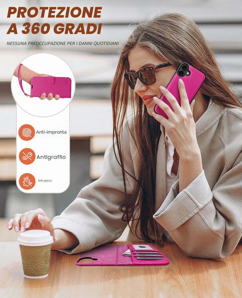 OCASE Custodia iPhone 16, Rosa Rosso, Pelle, Wallet con Slot per Schede, Cavalletto, Antiurto, Antiscivolo, Installazione Semplice, Compatibile con iPhone 16 (6.1 Pollici)