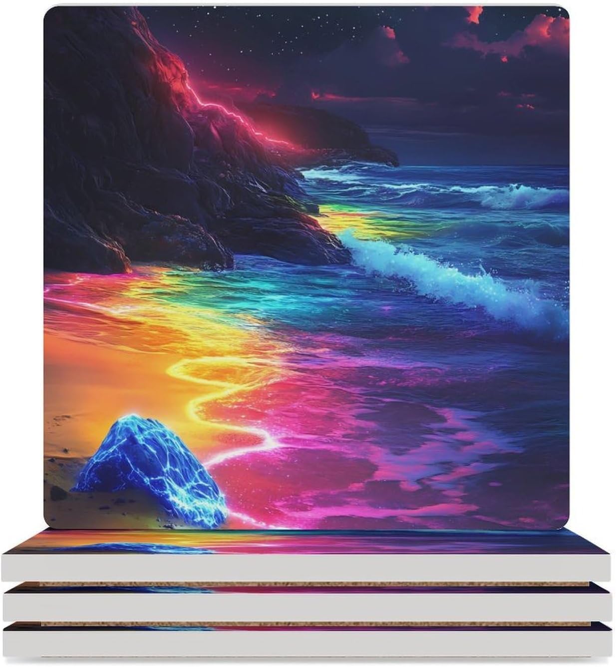 Beach Colorful Waves Funny Ceramic Coasters for Drink Absorbent Cup Holders Tabletop Protection