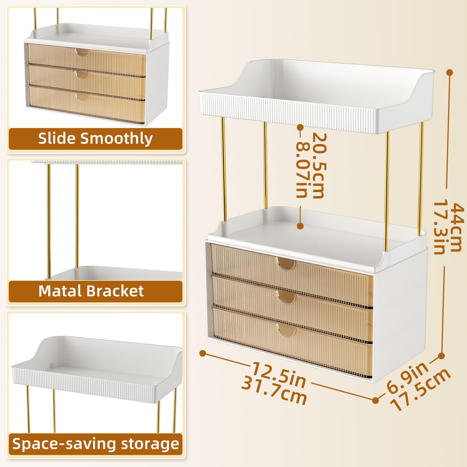 OrderlyGo Makeup Organiser - Upgrade 2 Tier 3 Drawers Large Vanity Organisers, Versatile Cosmetic Storage, Exquisite Bathroom & Skincare, Dressing Table Organiser, Amber - 3