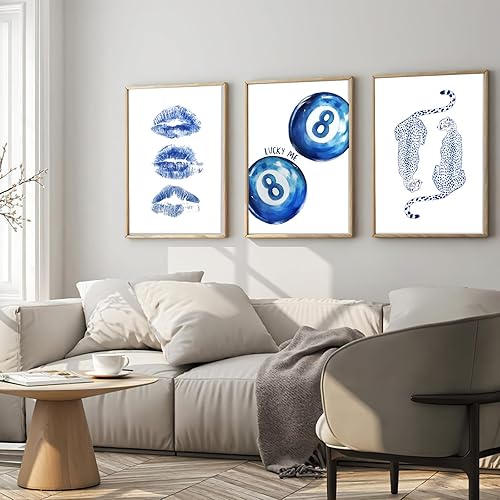 Miniatura 4 de Modern Wall Art Preppy Aesthetic Retro Maximalist Aesthetic Apartment Home Decor Trendy Blue White Print Set of 3 UnFramed 12x16 Inch Wall Art for