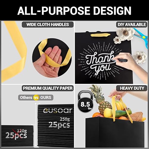 Miniatura 3 de EUSOAR Bolsas de compras pequeñas negras con asas doradas, paquete de 25 bolsas de regalo de 10.6 x 3.1 x 8.3 pulgadas con asas a granel, bolsas de