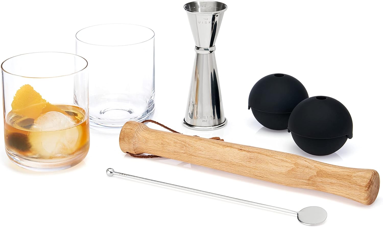 Viski Bartender Kit Includes 2 Tumblers, Double Jigger, Muddler, Stir Stick and 2 Ice Sphere Molds for Muddled Mixed Drinks and Iced Cocktails, Home Bar Cart Accessories, Gifts for Men, 7-Piece Set