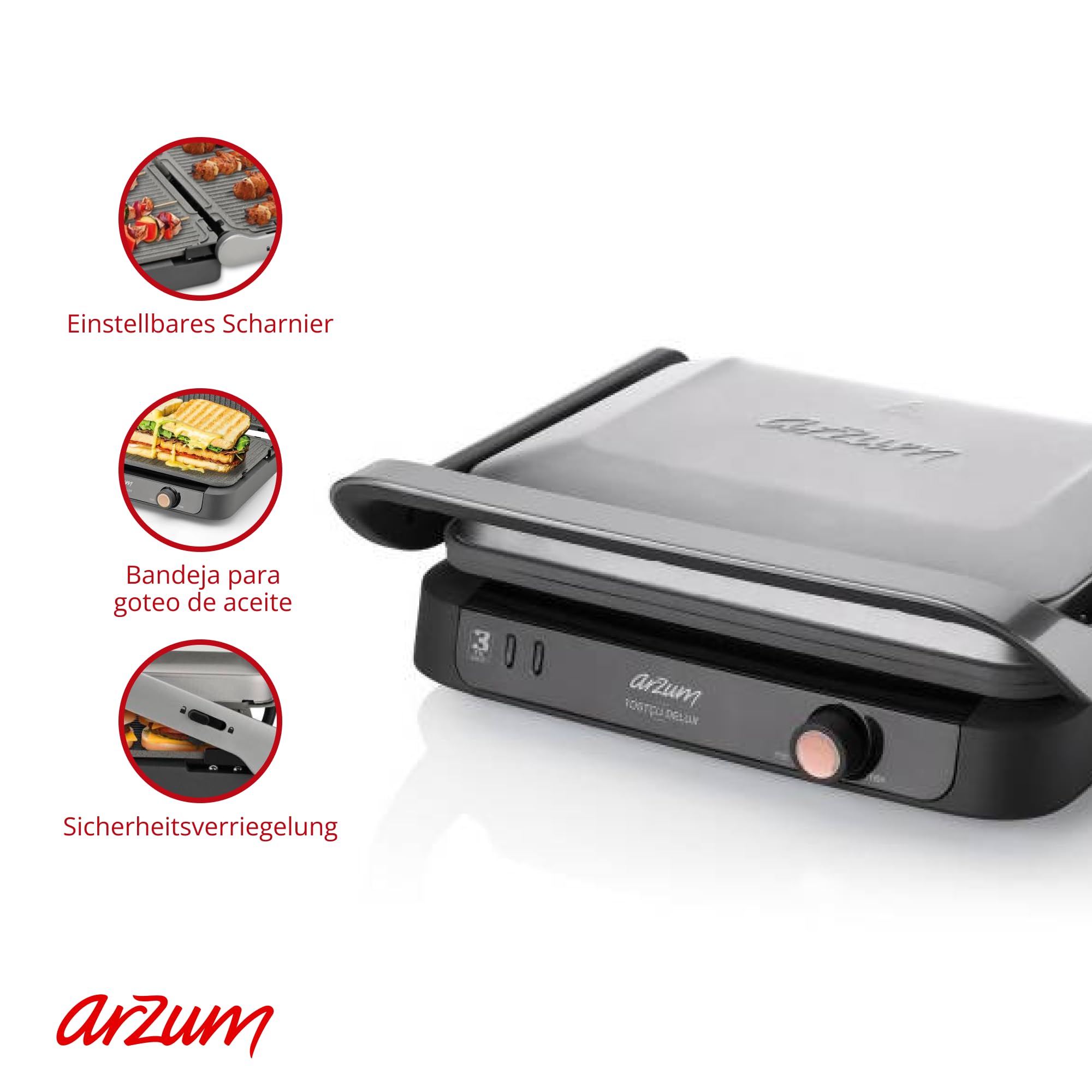 Arzum AR2001 Tostcu Delux Kontaktgrill Panini Maker Sandwichmaker, 1800W Leistung, 180 Grad Aufklappbarer Tischgrill, Abnehmbare Granitplatten für 6 Scheiben