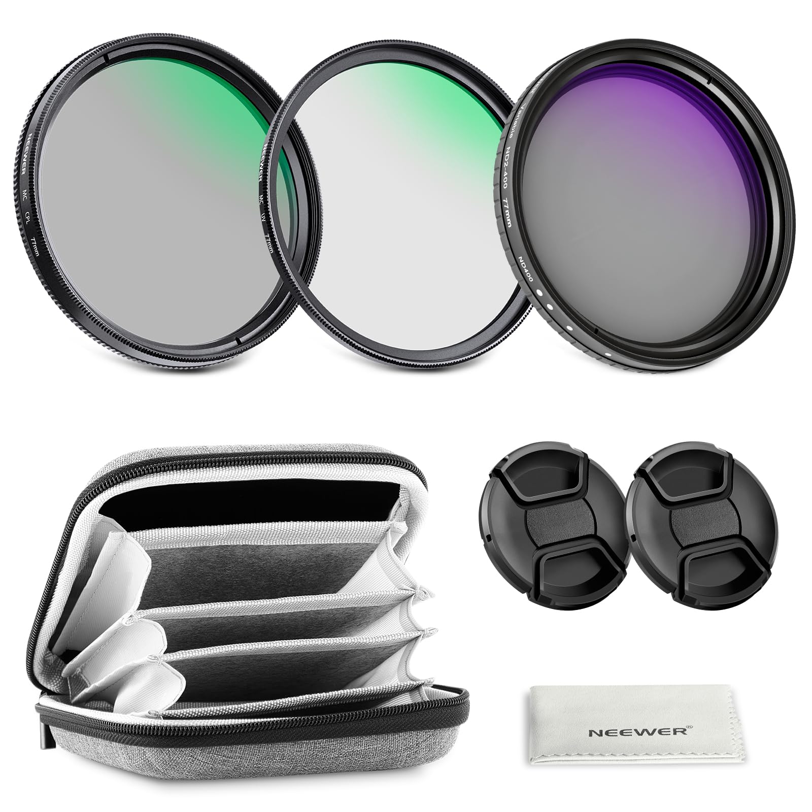 NEEWER 77mm Variable ND + CPL + UV Filtro Kit (3 Pack), Multicapa Densidad Neutra (ND2-400) Polarizador Circular Filtro Objetivo Cámara, Accesorios de Fotografía con Estuche Transporte y Tapas Lentes