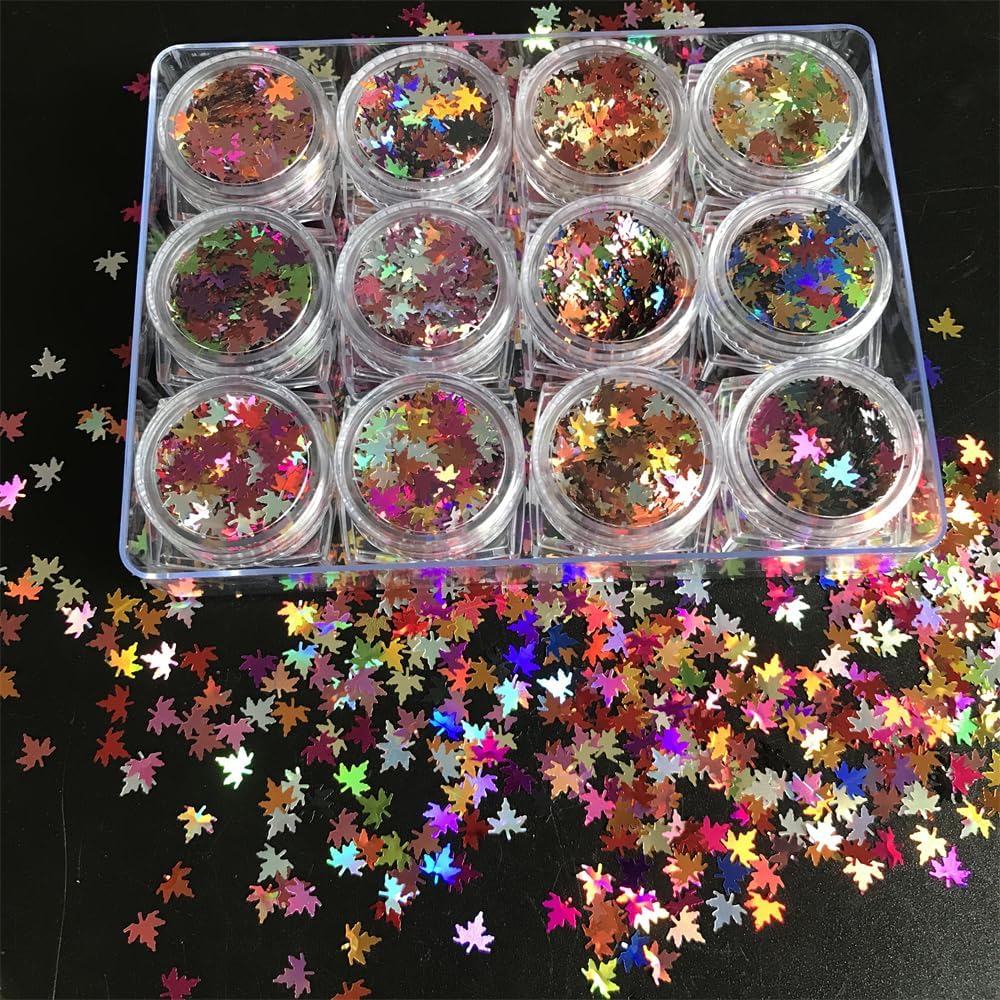 12 Boxes Set Maple Leaf Shape Shift Sequins Glitters for DIY Gel Nail Art Crafts Decoration Accessories (PG47)