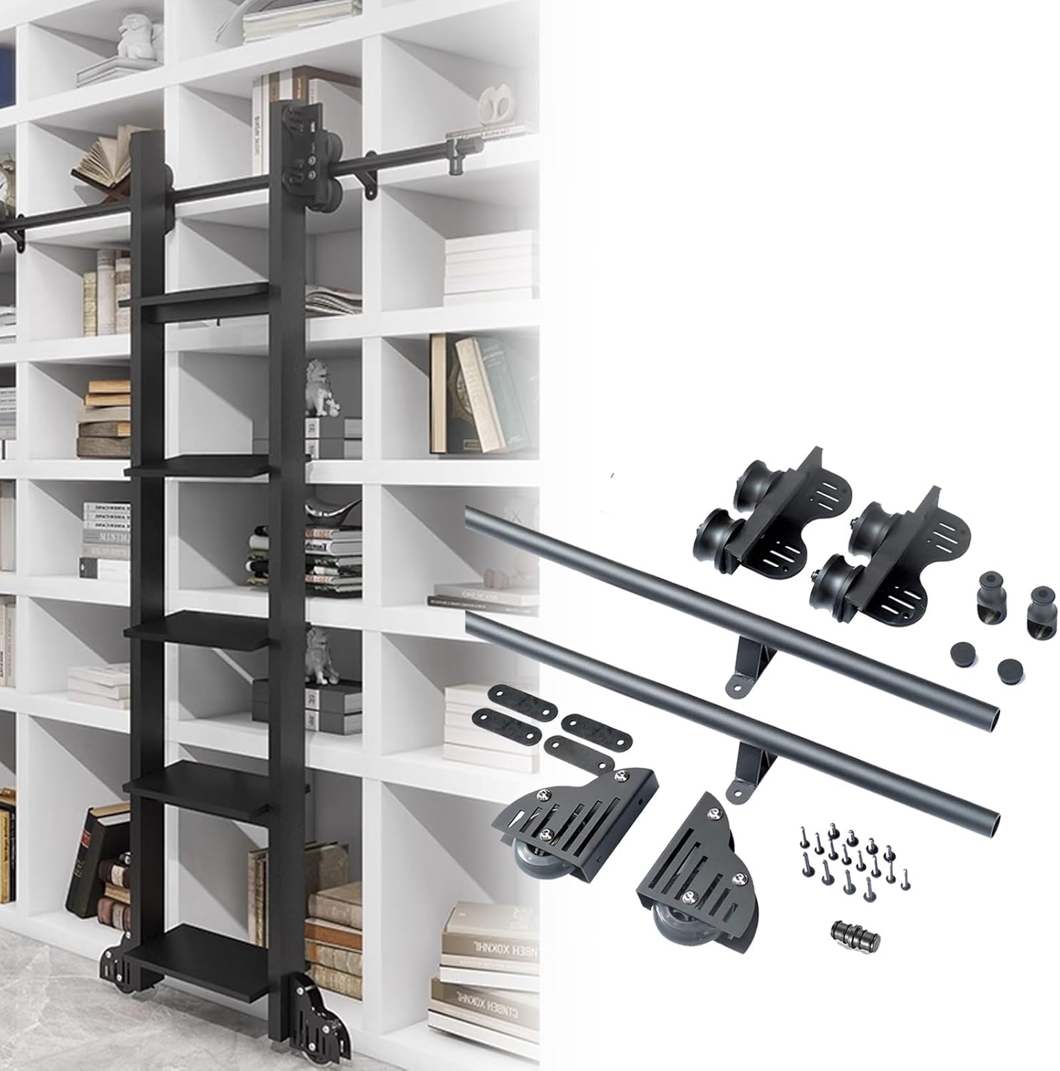 Sliding Hardware Rolling Library Kit, 3.3-20ft Ladder Kit, Black Stand Up Tensible Rolling Track Rail for Loft Office, Mobile Ladder Track Kit Slide Roller System(No Ladder)(6.6ft/200cm Track Kit