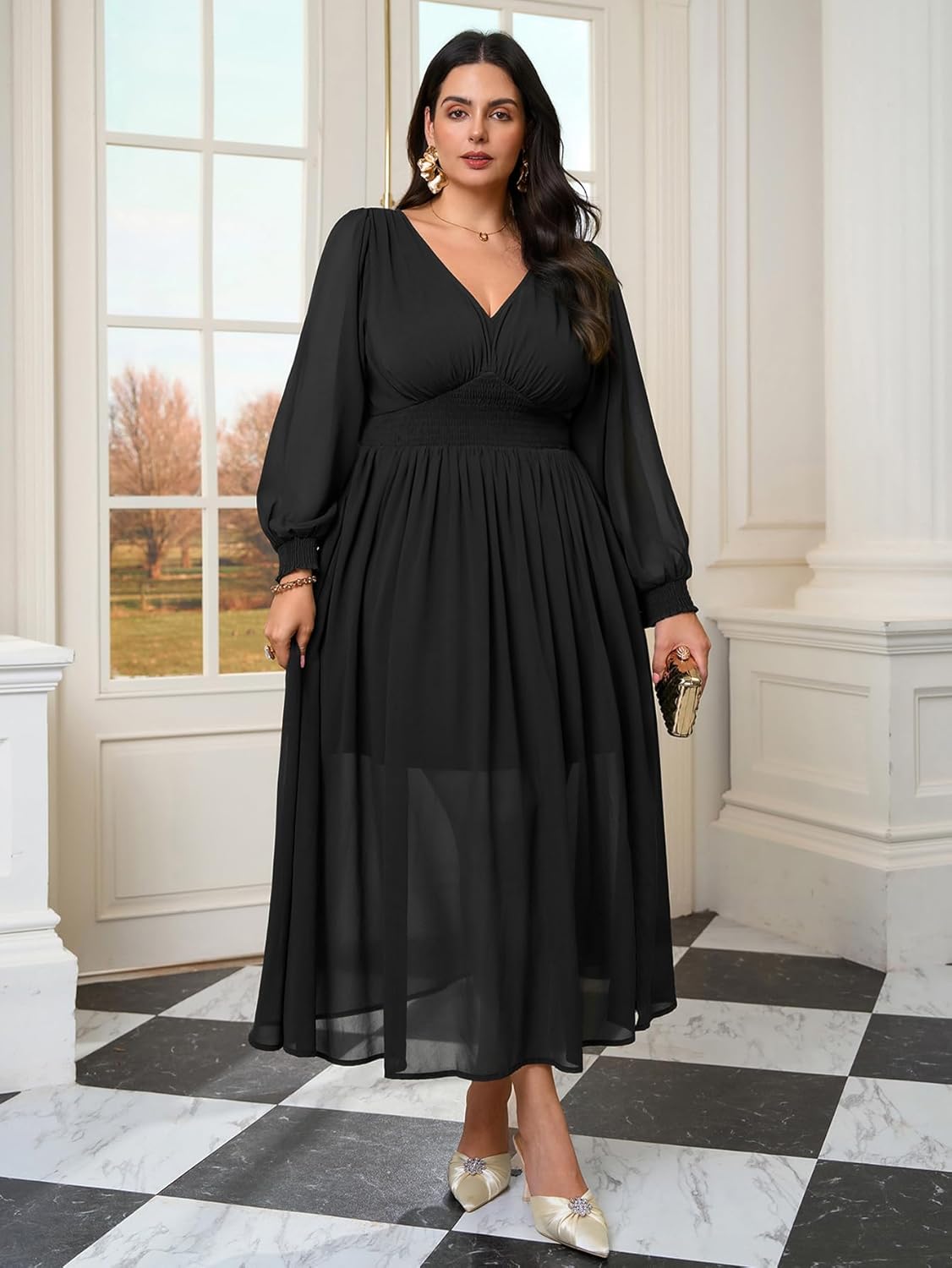 SCOMCHIC Womens Plus Size Formal Dresses Chiffon Wedding Guest Long Sleeve V Neck Smocked Flowy Slit Maxi Dress - Image 3