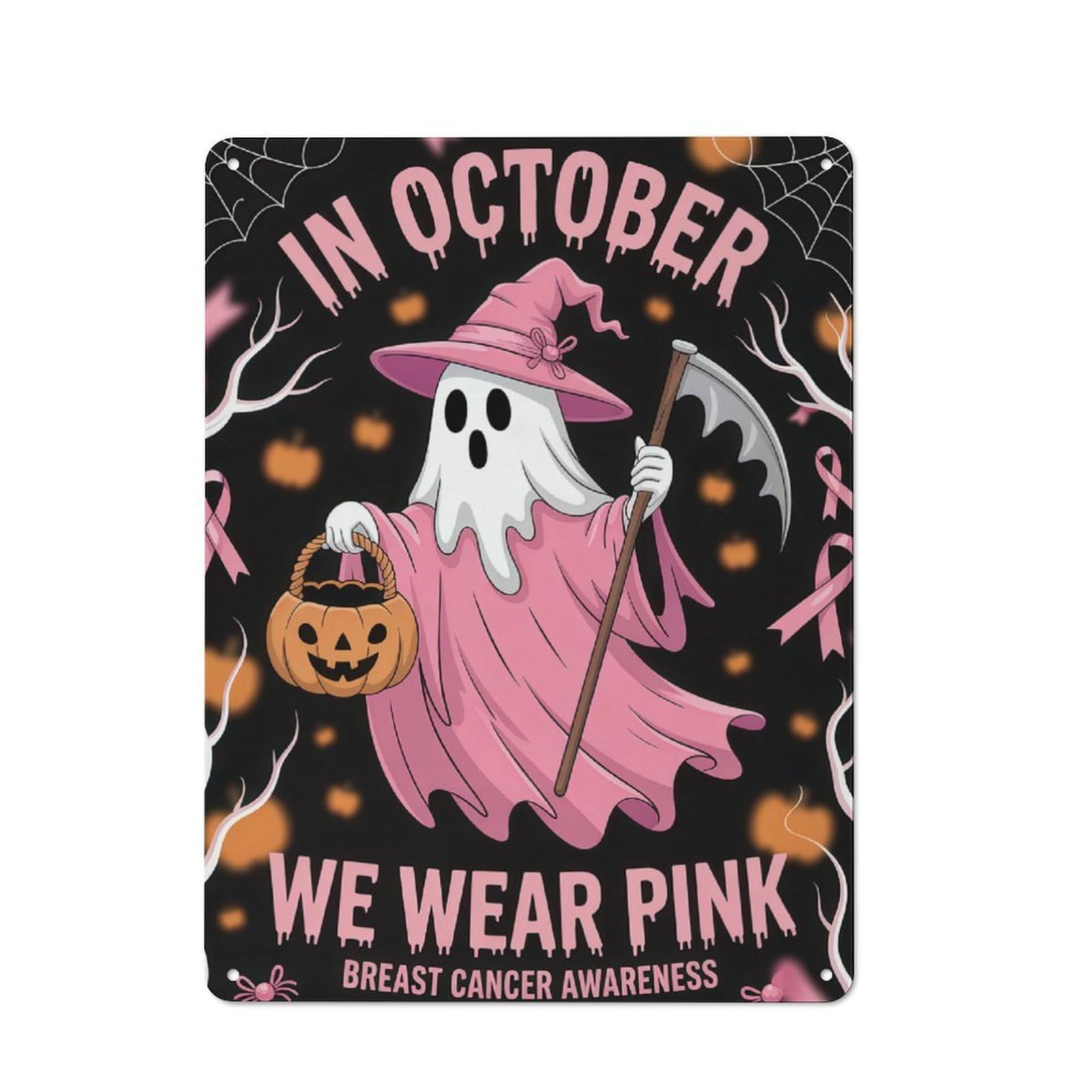 Junmoney October Breast Cancer Awareness Ghost Retro Metal Plaque 40X30cm For Café Or Home Bar, With Clear Retro Wall Decor Character