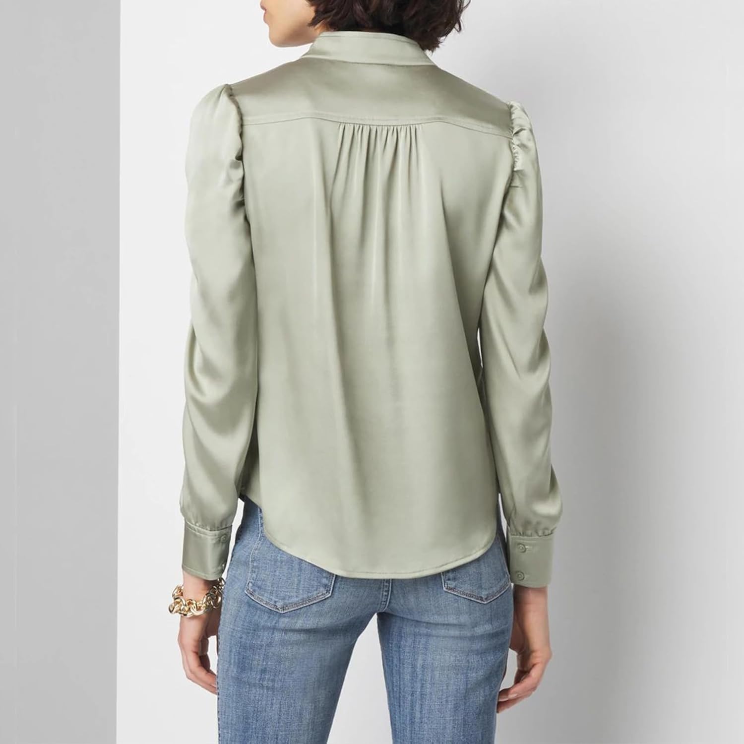 Womens Bay Leaf Satin Y Neck Ruched Shoulder Shirt Long Sleeve Tops Dressy Business Casual Blouse - Image 2