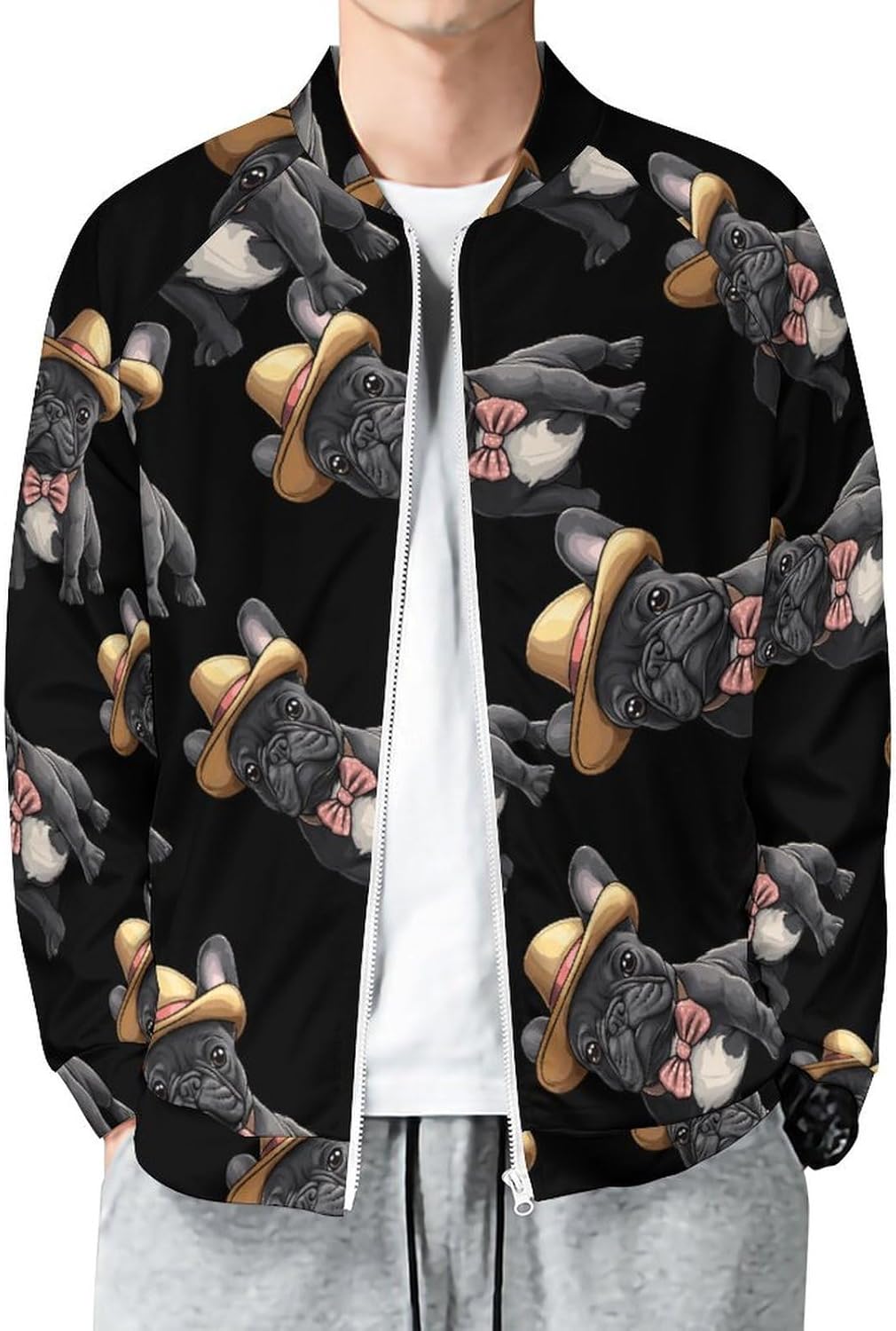 French Bulldog Dog with Hat Men's Zip Up Sweatshirt Casual Sweater Jackets Long Sleeve Tops Lightweight Coat