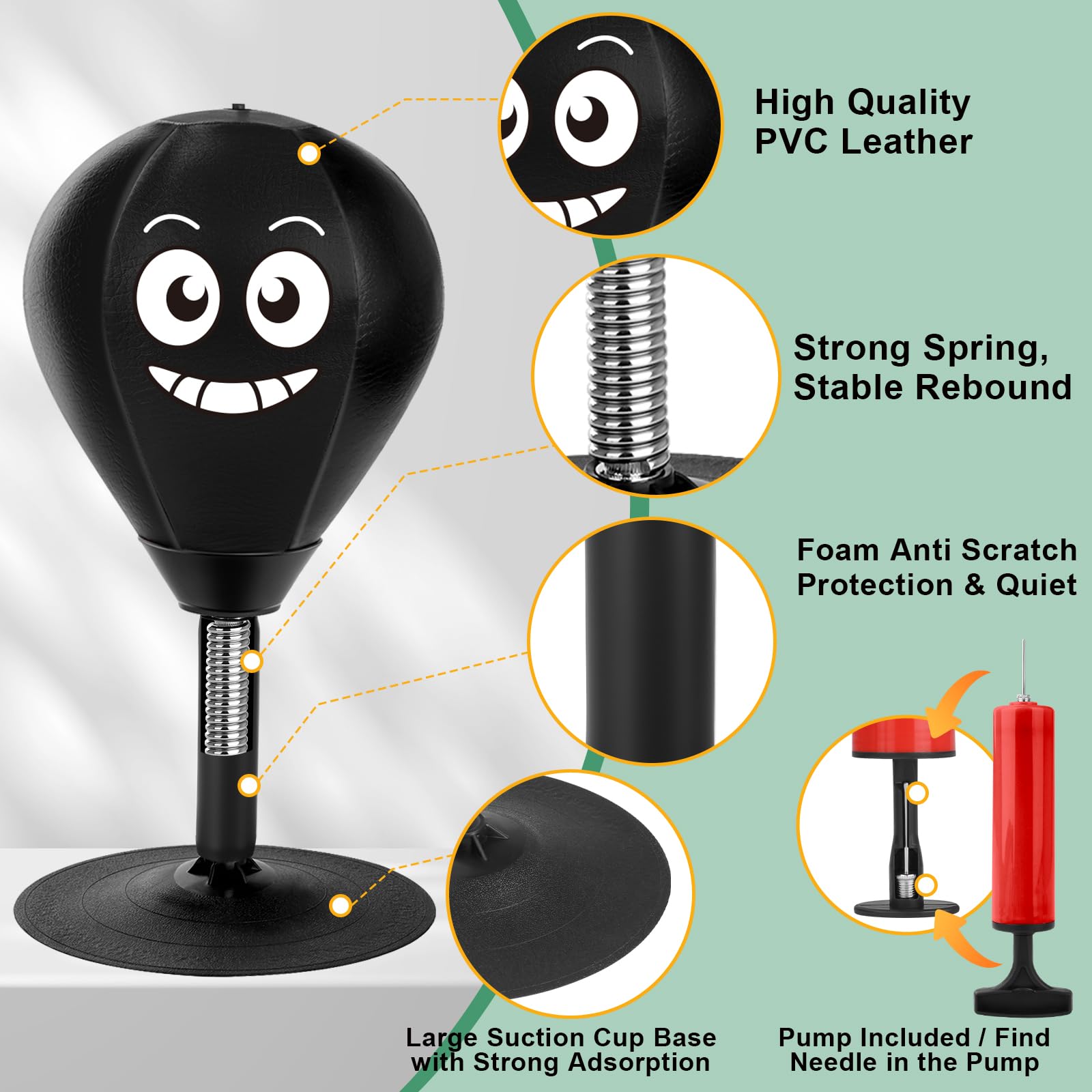 YORWHIN Sac de Frappe de Bureau avec Ventouse Ultra Puissante, Punchingball de Table à Ressort Renforcé, Mini Ballon de Boxe Anti-Stress pour Bureau et Maison, Entraînement et Soulagement du Stress - 4