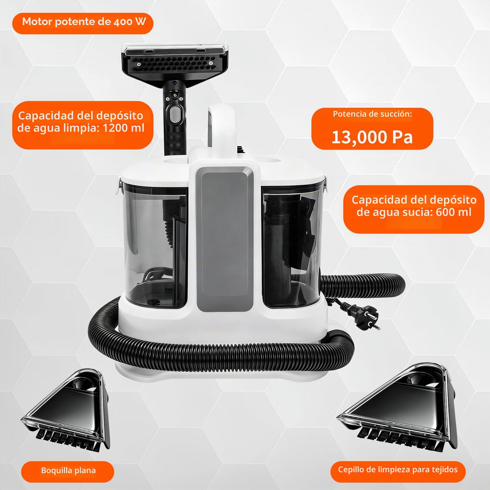 Limpiador De Tapicerías Y Alfombras Portátil 400w 13kpa - Máquina Limpiar Sofás Con Agua Y Aspiradora, Sistema De Doble Depósito Y Autolimpieza Para Colchones, Asientos De Coche Y Manchas Difíciles
