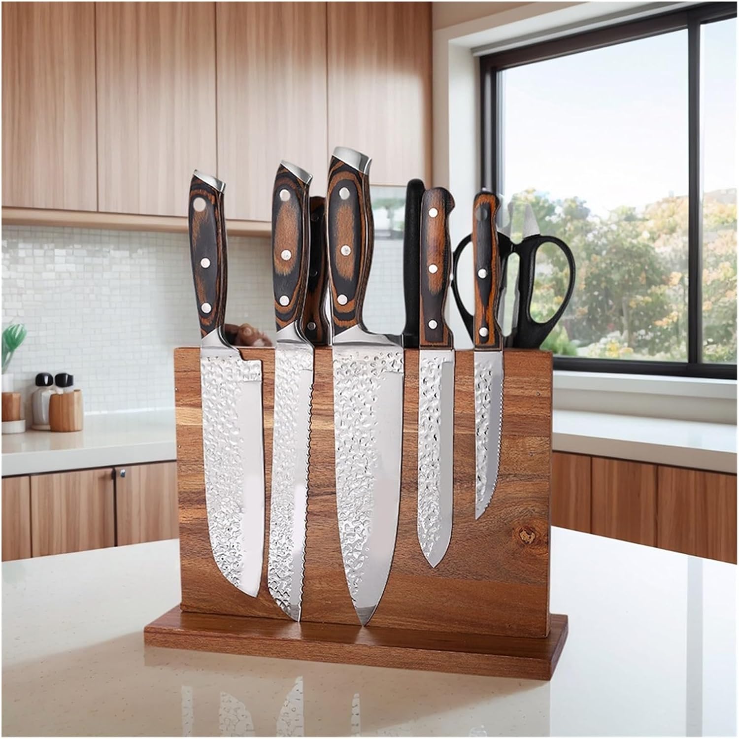 Magnetic Knife Block Double-Sided Wooden Holder Set Stand With Strong Enhanced Magnets，Compatible For Counter Top