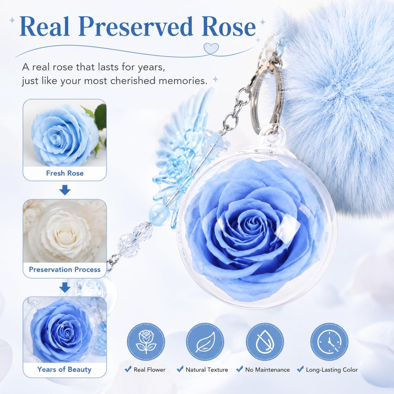 Preserved Rose Keychain for Women, Real Eternal Rose Flower Bag Charm with Faux Fur Pom Pom, Angel Wing Pendant Key Ring for Handbag Backpack, Romantic Gift for Girlfriend Wife Mom | Preserved Rose Valentines Day Gift Mother's Day Gift Birthday Gift