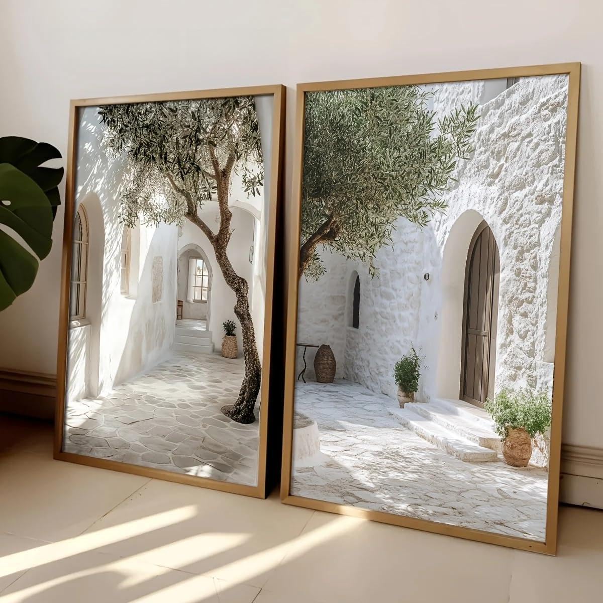 SDVIB Mediterranean Olive Tree Courtyard Landscape Canvas Print Island Coastal Building Wall Art Poster Modern Home Decor(50x70cm/2PCS Frameless)