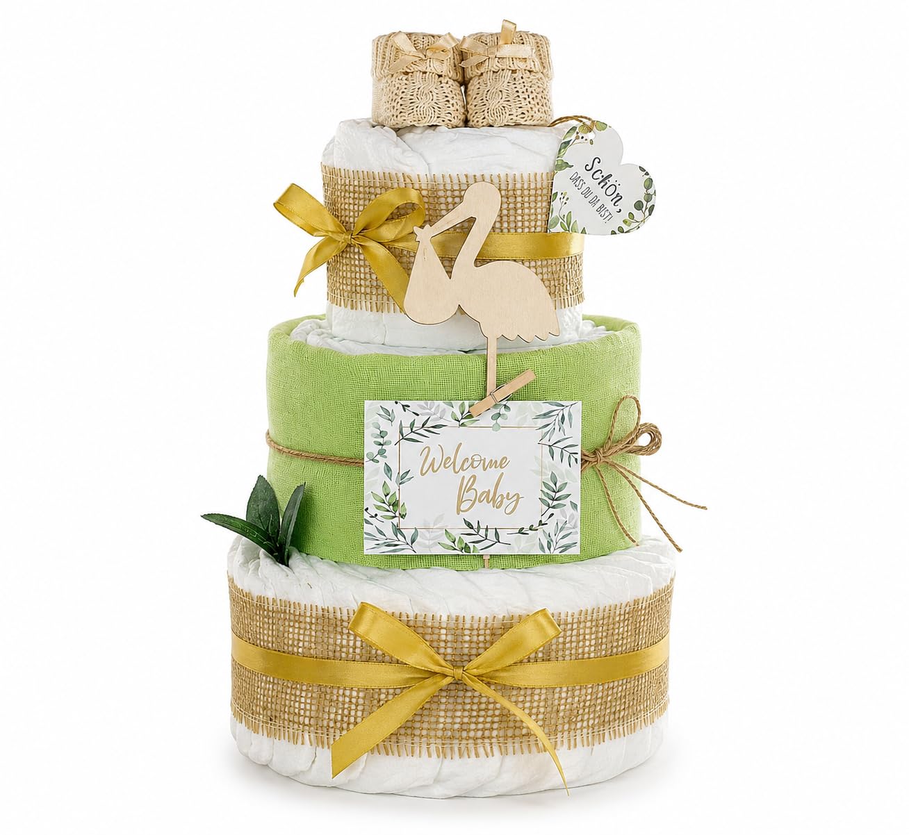 Premium Windeltorte Storch mit Bündel | inkl. Babybooties und Mullwindel | 3-stöckig (grün)