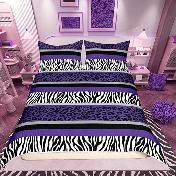 richhome Leopard Print Bedding Set Zebra Stripes Comforter Cover for Kids Boys Girls Teens Purple Black White Zebra Leopard Fur Duvet Cover Safari Animal Hair Bed Set Room Decor Double Size