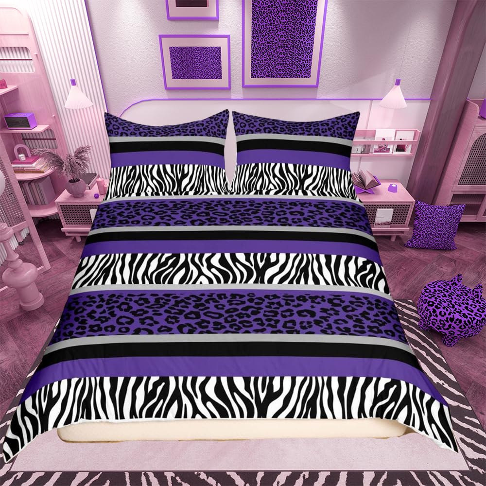 richhome Leopard Print Bedding Set Zebra Stripes Comforter Cover for Kids Boys Girls Teens Purple Black White Zebra Leopard Fur Duvet Cover Safari Animal Hair Bed Set Room Decor Single Size
