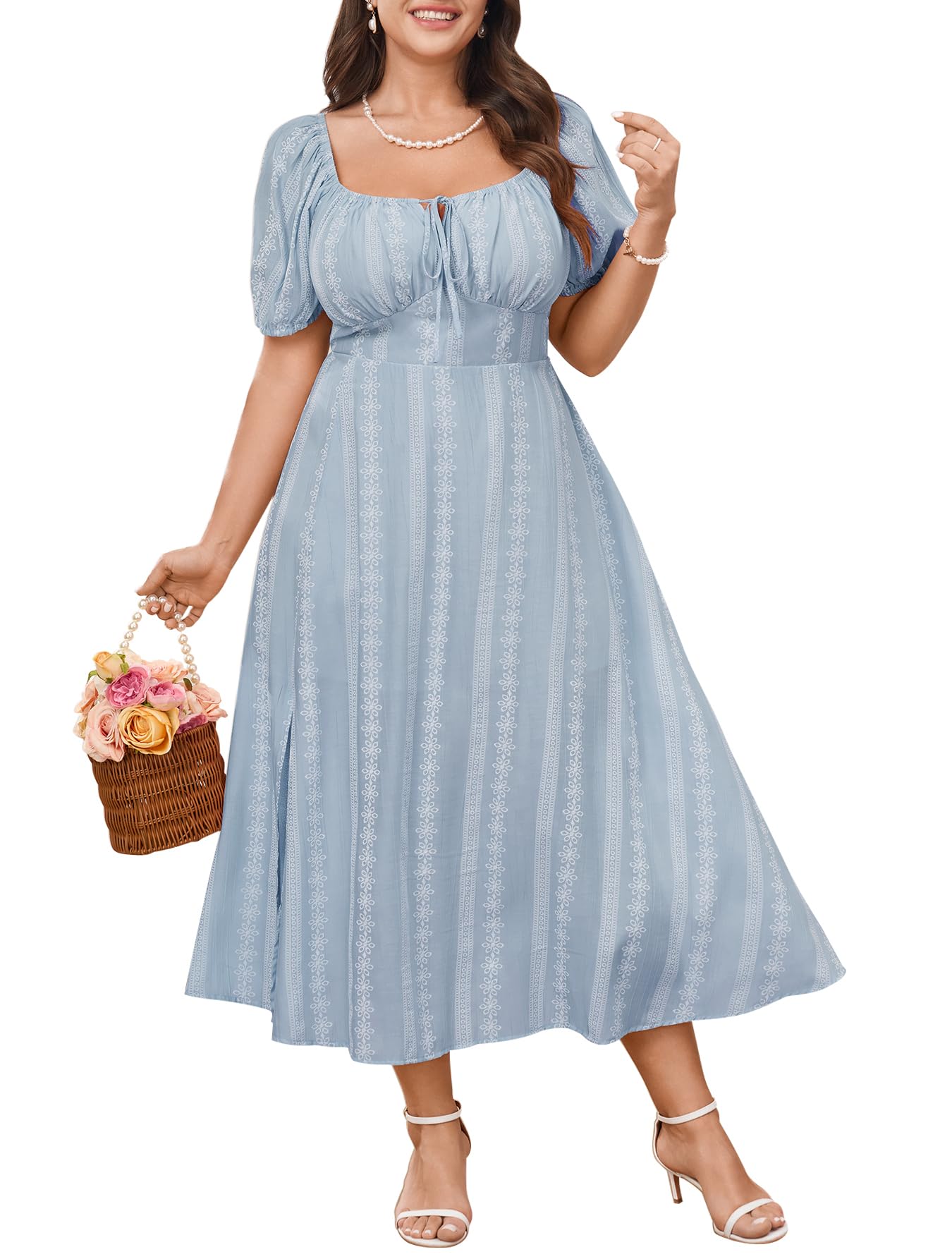 Photo 1 of ***RUNS BIG*** SCOMCHIC Womens Plus Size Summer Dresses Short Sleeve Square Neck Milkmaid Dress Tie Front Split A-Line Maxi Dress Blue
