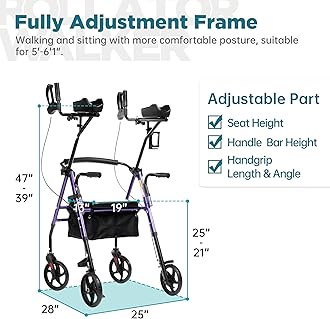 ELENKER Upright Walker, Stand Up Rollator Walker with Padded Seat and Backrest, Compact Folding, Fully Adjustment Frame for Seniors, Purple
