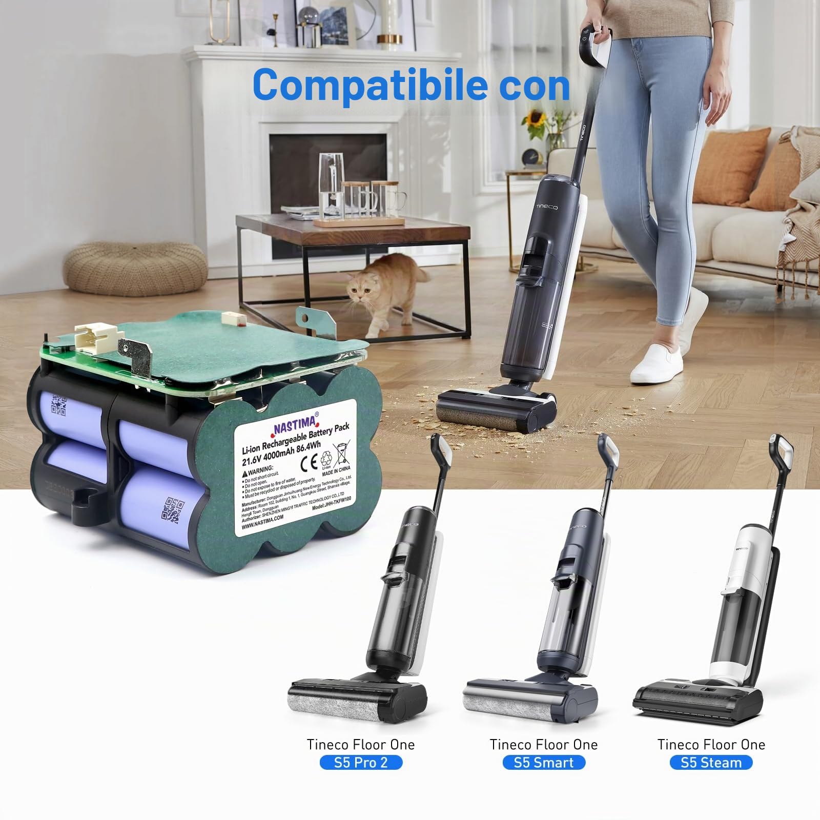 NASTIMA Batteria 21,6V 4000mAh Li-ion Batteria di Ricambio per Tineco Floor One S5 Pro 2, S5 Smart, S5 Steam Aspirapolvere