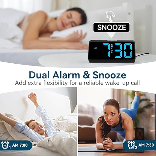 Miniatura 3 de Relojes despertadores digitales Netzu para dormitorios, reloj de alarma fuerte con alarmas duales, dígitos audaces, 5 atenuadores, 4 volúmenes,