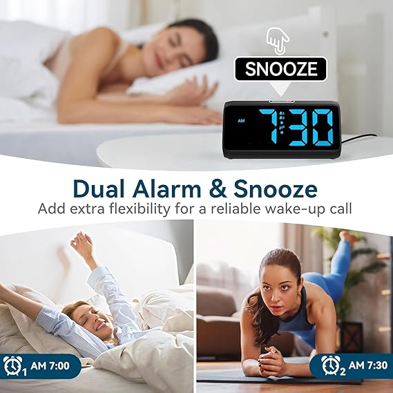 Netzu Derin uykular için yüksek sesli çalar saat, LED ekranlı, çift alarm, 5 parlaklık kısıcı, 4 ses seviyesi, kapatma hafızası, çalar saat, komodin, çocuklar, gençler, yaşlılar ve ağır uyuyanlar için