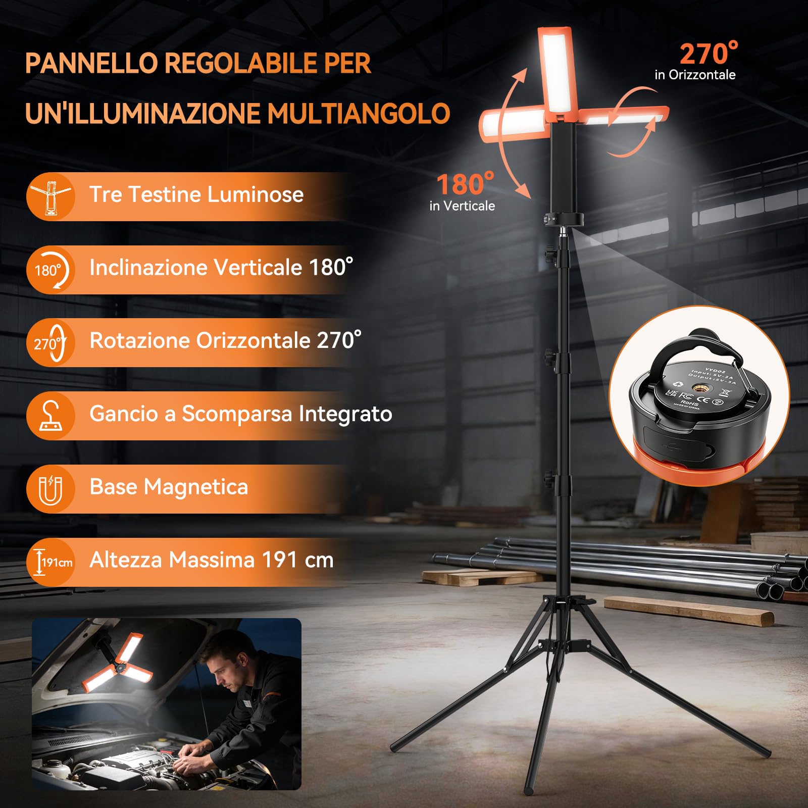 Lampada da campeggio ricaricabile con treppiede, 12000 mAh, 3 colori di luce, LED dimmerabile da 6000lm, IP65, adatta per officine, campeggio, cantieri edili e situazioni di emergenza.