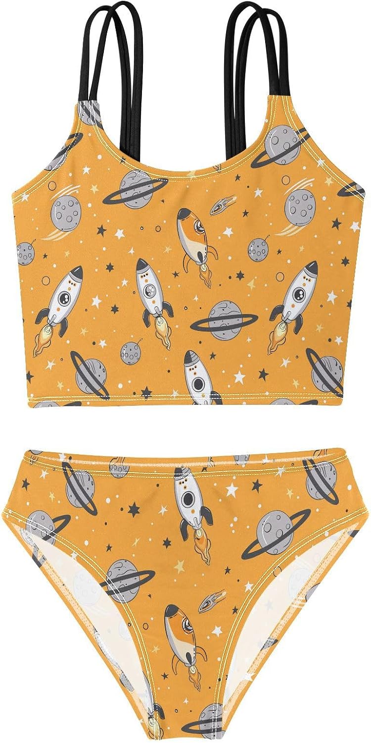 visesunny Girls Two Piece Swimsuits Gray Rocket Pattern Girl's Bikini Sets Bathing Suits for Girls Size 5-12Y