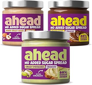 ahead Crunchy Crazy Nusscreme Probierpaket | 3 x 200g Haselnusscreme & Pistaziencreme, ohne Zuckerzusatz | Aufstrich mit 80% weniger Zucker* | Ohne Palmöl, glutenfrei & vegetarisch