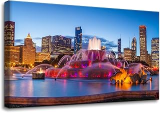Pacimo Wall Art for Living Room Chicago Night View Canvas Wall Decor for Bedroom Cityscape Skyscraper Skyline Pictures Painting Prints Modern Framed Artwork Home Decoration Ready to Hang 12"x18"