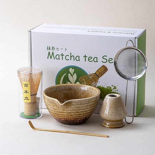 Juego tradicional de ceremonia de té Matcha con cuenco de cerámica, batidor de bambú, soporte y colador, 5 piezas (amarillo)