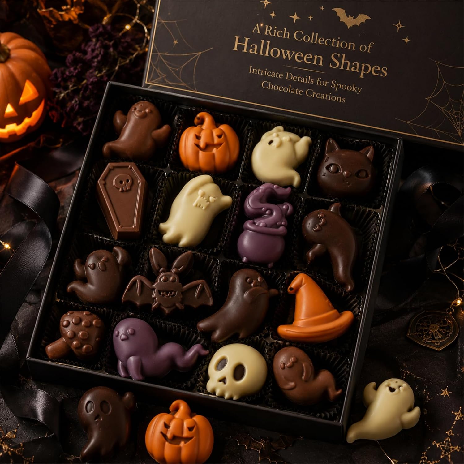 2 Pack Halloween Silicone Molds Mini Halloween Silicone Mould with Ghost Pumpkin Bat Skull Coffin Witch Hat Cat Halloween Chocolate Silicone Mold for Chocolate Candy Fondant Ice jello Soap Wax Resin