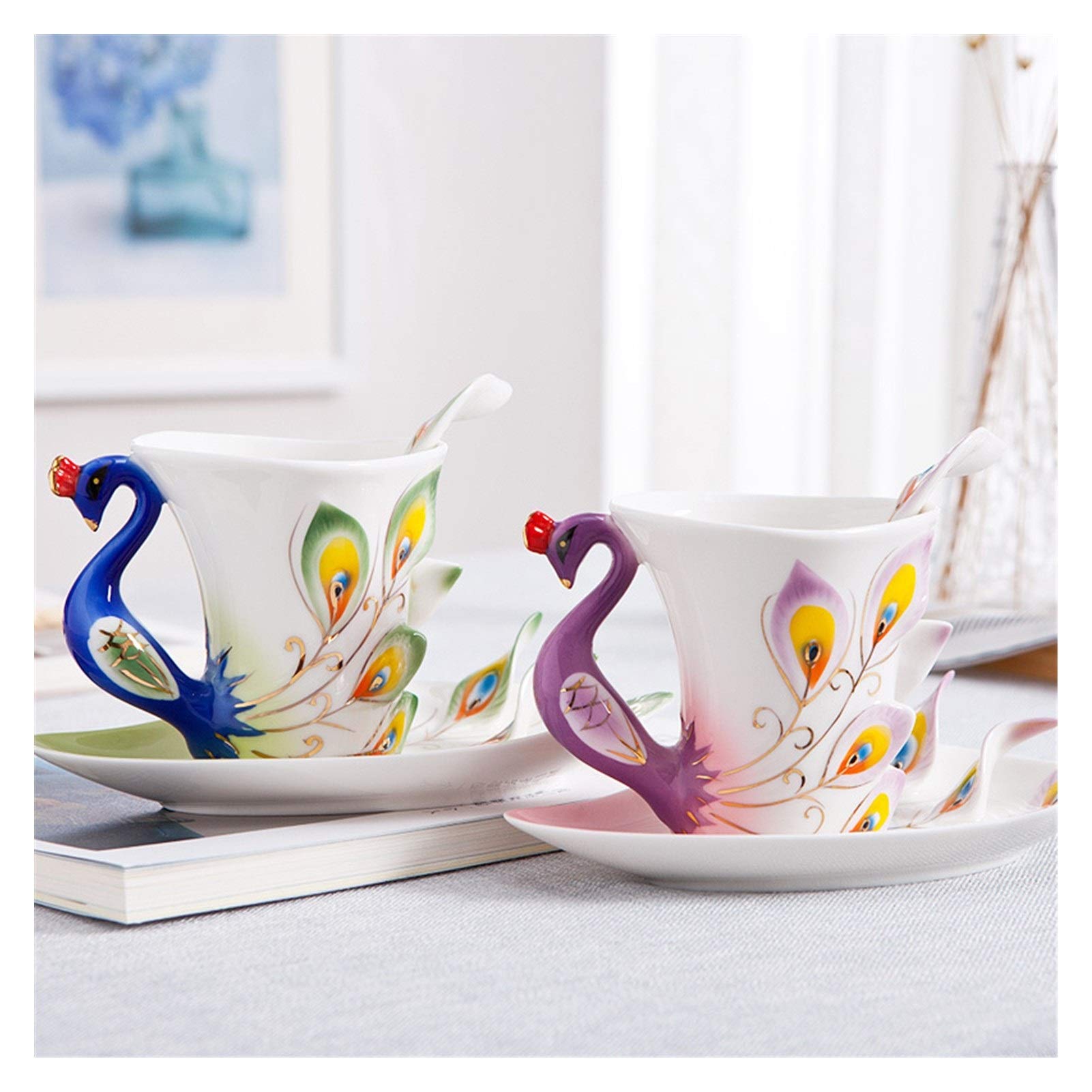 Kaffeetasse,Steingut Tassen Kreative 3D Hand Crafted Emaille-Pfau-Kaffeetasse-Set mit Untertasse und Löffel Geschenk Keramik Tee-Wasser-Schale Schale Geschenk(230ml,Orange)