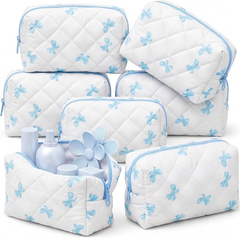 Paterr 6 Necessaires de Maquiagem em Algodão Matelassado, Estampa de Laço, Light Blue, 20,07 cm x 8,99 cm x 8,99 cm