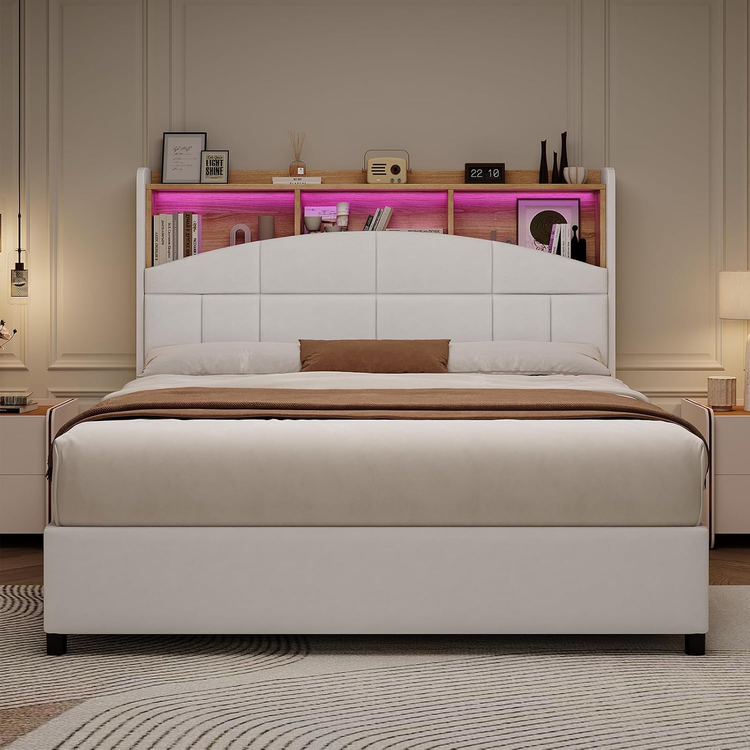 Queen Size Bed Frame with Headboard and LED Lights, Velvet Upholstered Platform Bed Frame with Wooden Slats Support, No Box Spring Needed, No Noise, Beige