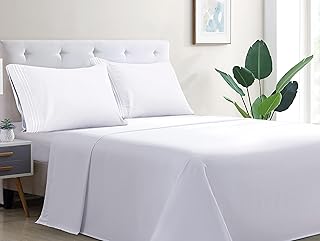 wavveUziz Bed Sheet Set Super Soft 100% Microfiber Sheet 1800 Brushed Microfiber Embroidered Twin Size Bed Sheets 16-Inch Deep Pocket - 3 Piece, White