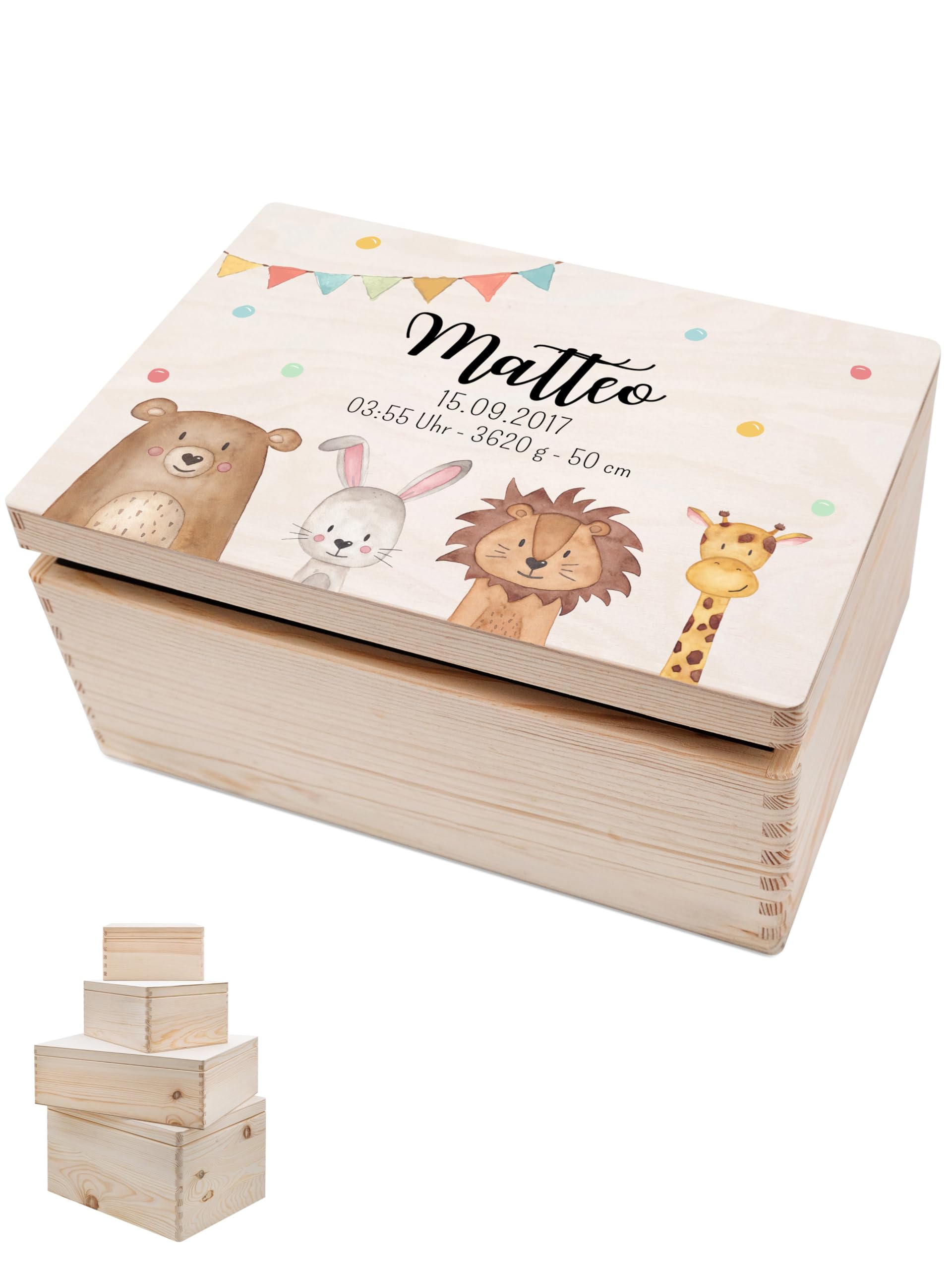 wunderwunsch - Personalisierte Erinnerungsbox Taufe mit Hochwertigem UV-Farbdruck - Geschenke Baby - Niedliche Erinnerungskiste aus Holz - Geschenk Taufe (Tiere unten Girlande, M flach-Klappdeckel)