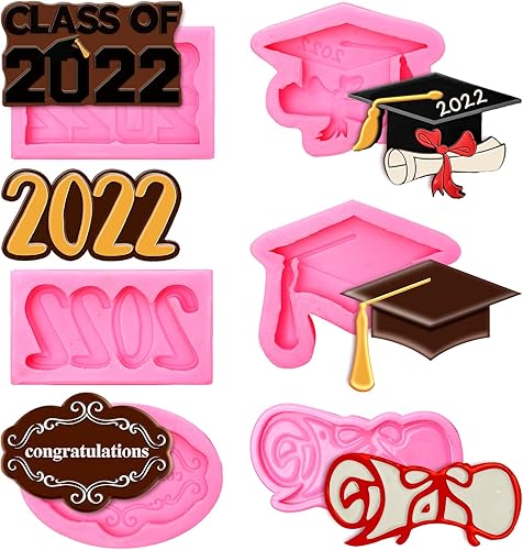 Whaline Paquete de 6 moldes para fondant de graduación de silicona para graduación clase de 2022 moldes para felicitaciones chocolate para fiesta de