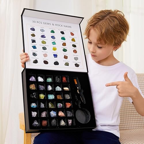 Rock Collection for Kids - Kit de 30 piezas de rocas, piedras preciosas y cristales con guía de aprendizaje, juego educativo mineral de ciencia