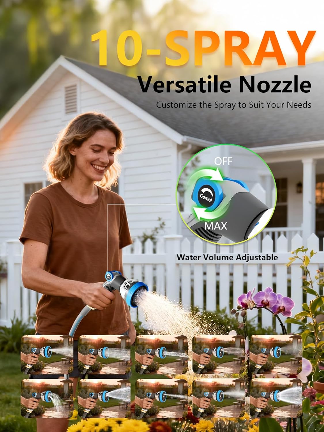 Retractable Garden Hose Reel 5/8 in x 65 ft Heavy Duty Automatic Water Hose Reel with 10-Function Sprayer Nozzle Kink-Free Auto Rewind Any-Length Lock 180° Swivel UV Resistant - Light Gray