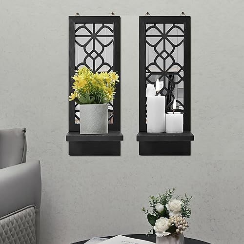 Candle Sconces Wall Decor Set of 2, Rustic Black Wooden Wall Candle Holders with Mirror, Farmhouse Art for Living Room, Dining Room, Bedroom, Bathroom