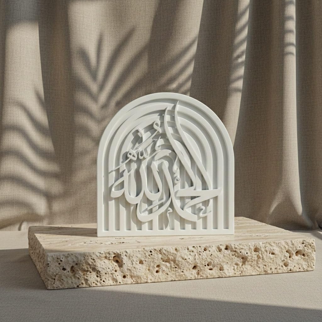 Alhamdulillah Islamic Table Decor – Elegant Arabic Calligraphy for Home or Office – Unique Islamic Art Piece, Perfect for Eid, Ramadan, or Daily Inspiration – White Stone Powder Statue