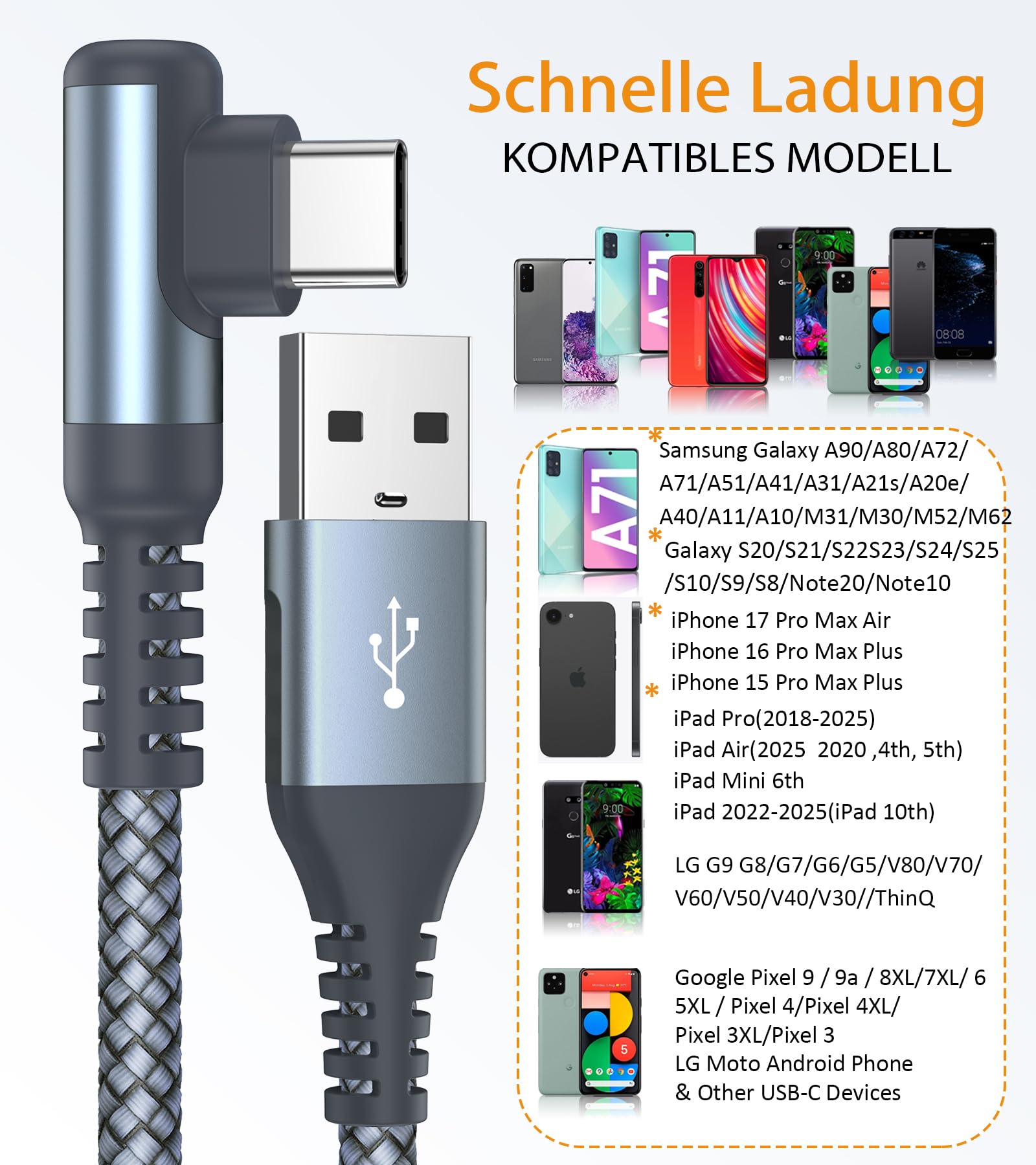 Cavo USB C angolo di 90 gradi [2 pezzi 3 m] ricarica rapida, cavo di ricarica Cavo USB C in nylon tipo C per Samsung Galaxy S21 Plus, Note10 / 9/8, M31, A71 A52 A51 A50 A40 A10 A7, Mi9 / 8