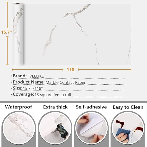 Miniatura 9 de VEELIKE Papel de contacto de mármol blanco de 15.7 x 118 pulgadas para encimeras, impermeable, autoadhesivo, papel tapiz de mármol mate, para