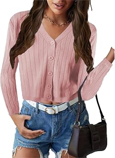 Womens Button Down Crop Knit Sweaters Long Sleeve V Neck Slim Cardigans Solid Color Fall Winter Knitwear Coat