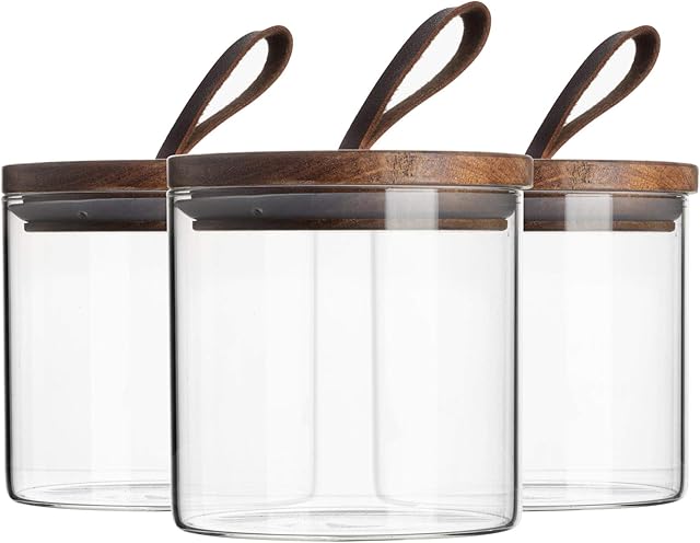 Argon Tableware 6 Piece Glass Jar With Wooden Lid Storage Container Set - Round Scandinavian Style Airtight Canister - 550ml