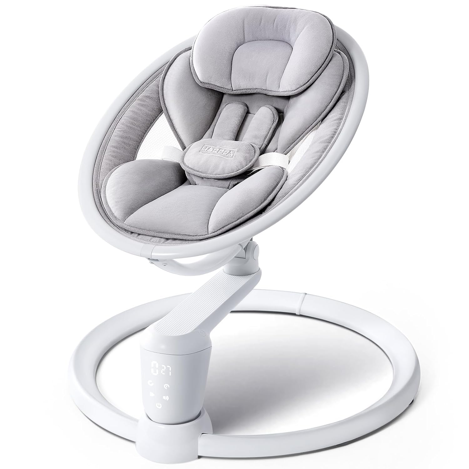 HARPPA Weddell Plus Electric Baby Swings for Infants and Newborns, Eye-Level Baby Swing 5 Speeds and Remote Control 10 Built-in Melodies, 2 Seat Positions & 180° Rotation for Indoor Use, Dove Gray