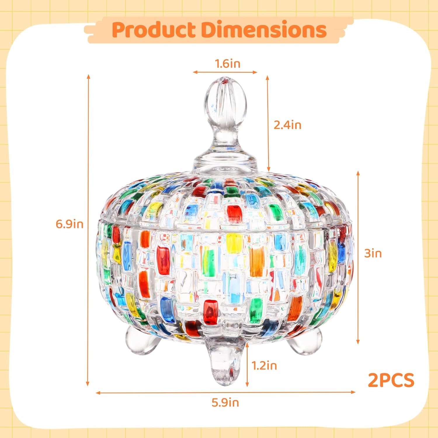 2 Pack Decorative Glass Storage Bowls, Hand-Painted Crystal Jars with Lids, Colorful Trinket Containers, Elegant Appetizer Servers for Treats