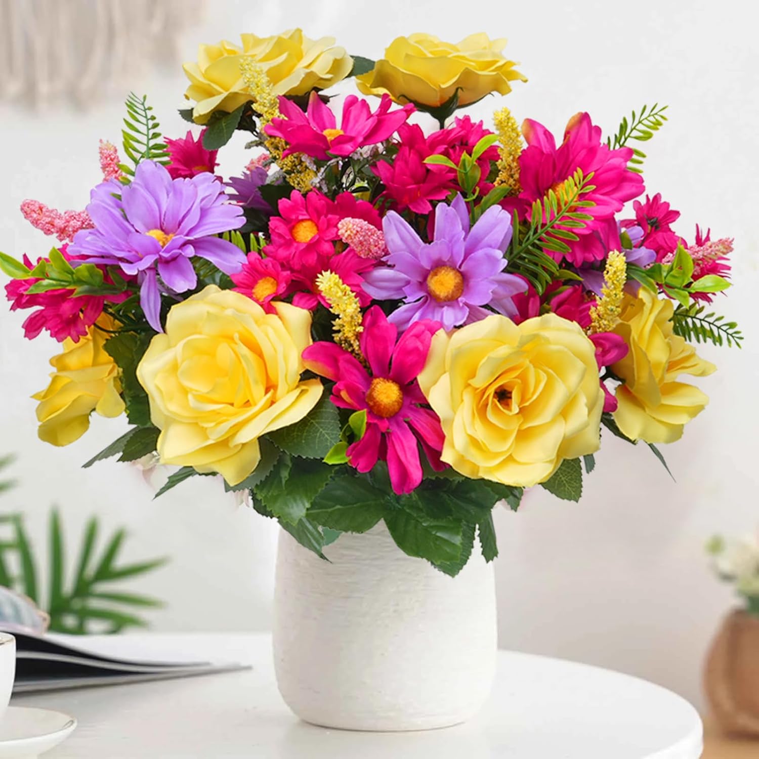 2 Bunches Cemetery Flowers for Grave Vase,15" Artificial Rose Flowers Faux Daisies Silk Flower Arrangements Cemetery Summer Decoration Indoor Kitchen Table Centerpiece Party